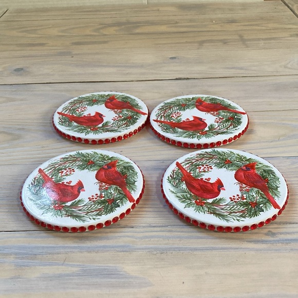 CARDINALS Red Bling Gems Round Coasters Greenery Berries Cork Bottom Set of 4 - Picture 4 of 9